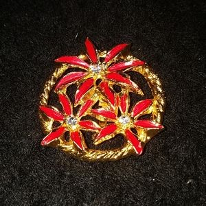 VTG Poinsettia gold tone  & red Christmas brooch